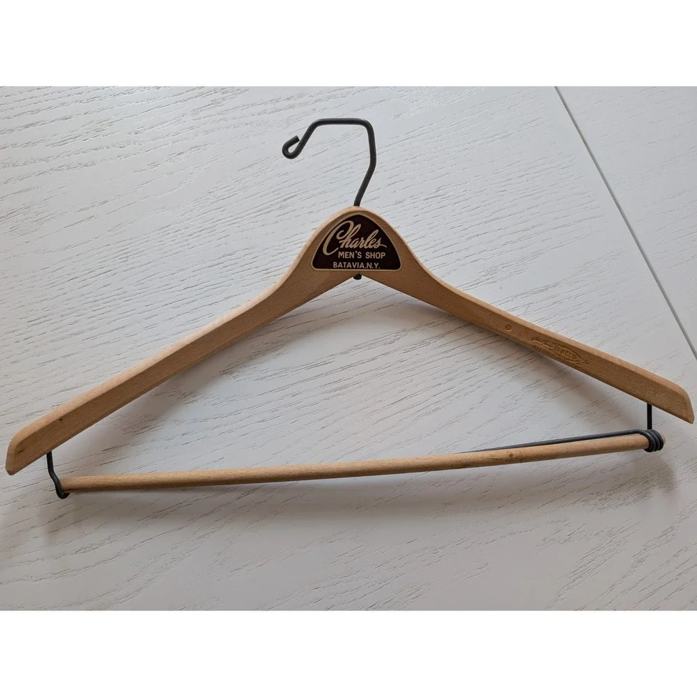 Vintage Advertising Wooden Wood Clothes Hanger, Charles Mens Shop, Batavia,‎ NY